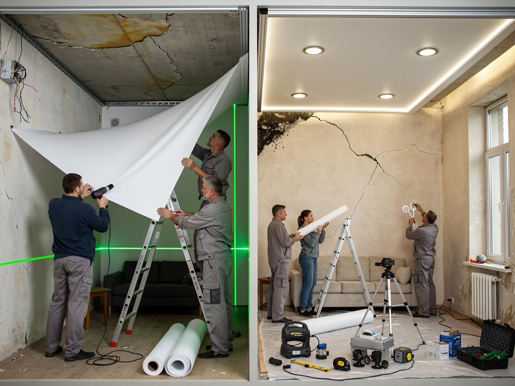 Натяжные потолки в хрущёвке и сталинке: скрывают трещины, спасают от протечек за 1 день Potolki-Vsem