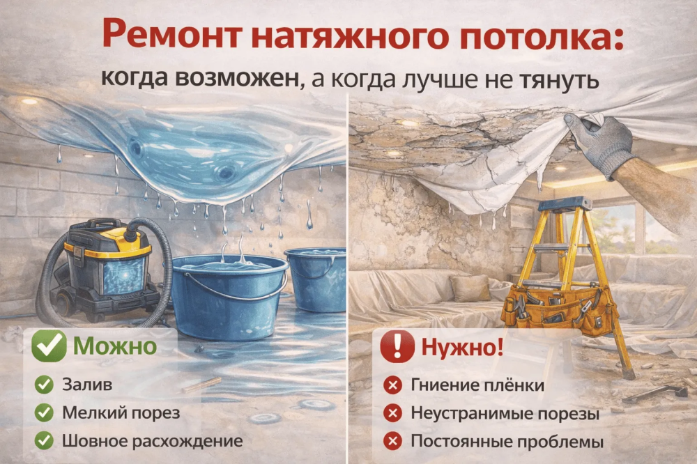 Ремонт натяжного потолка: когда возможен, а когда лучше не тянуть с заменой Potolki-Vsem